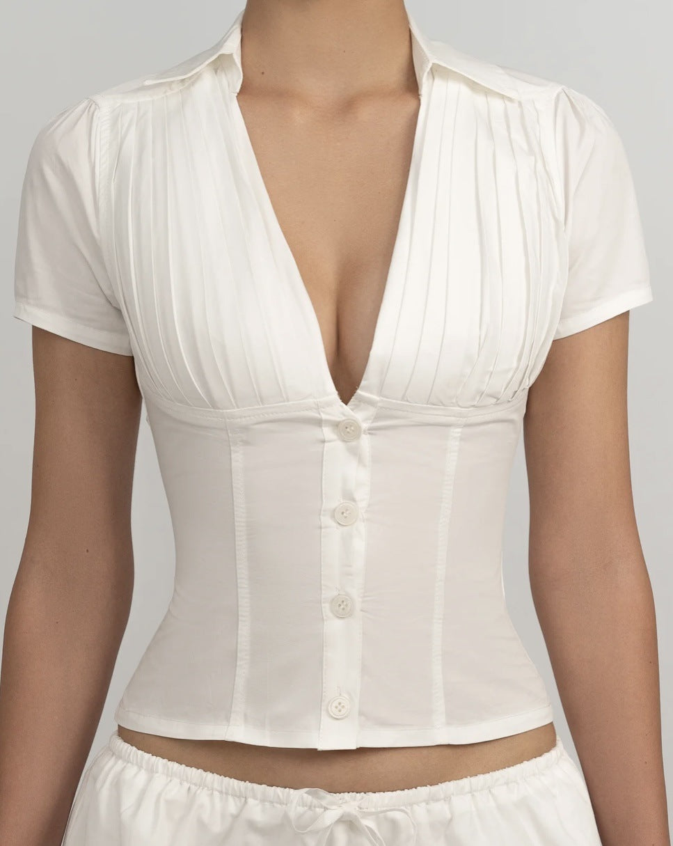 Women's Solid Color Casual Top Waist Trimming Shirt Women's High Waist A- Line Skirt