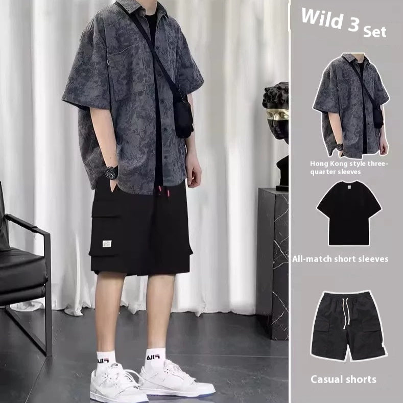 Summer Hong Kong Style Short Sleeve Shirt Coat Shorts Three-piece Suit