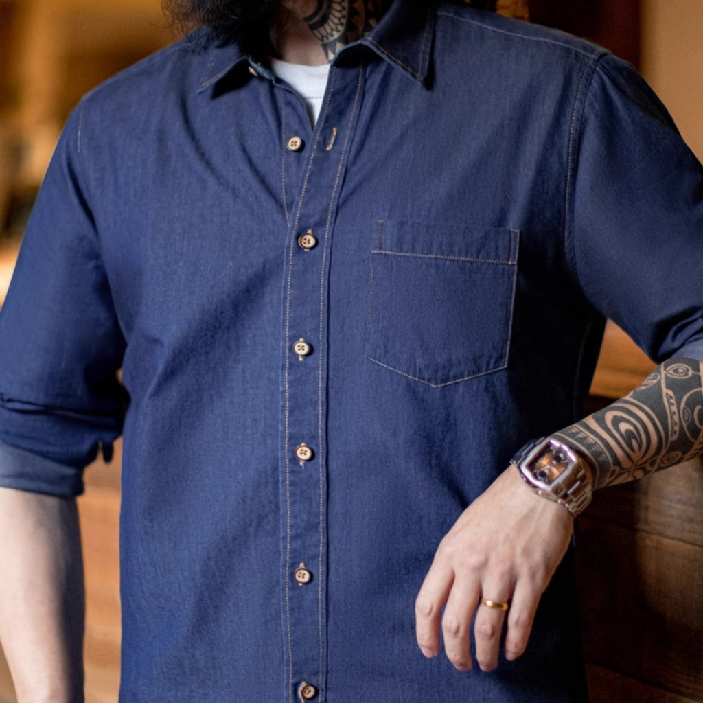Men's American Retro Single Pocket Workwear Denim Shirt