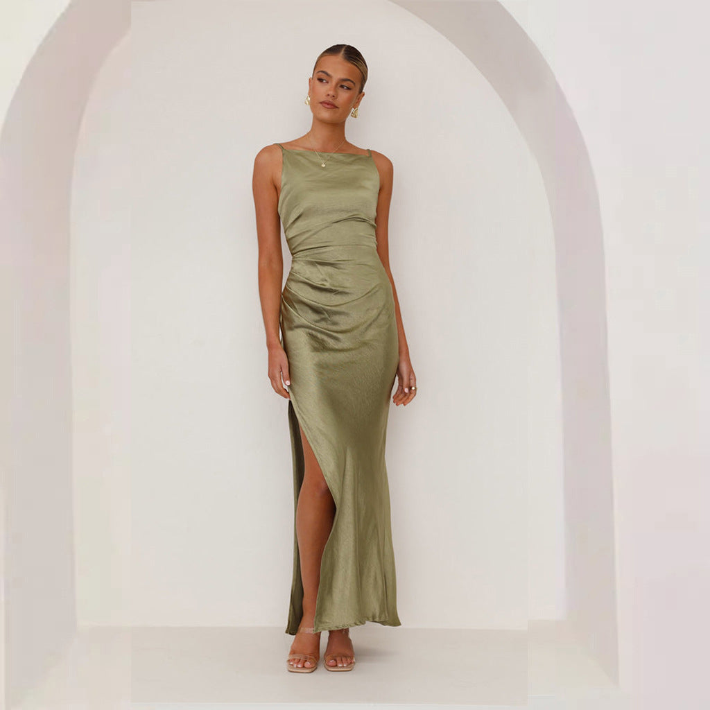Solid Color Sexy Backless Slit Mid-length Sleeveless Sling Dress
