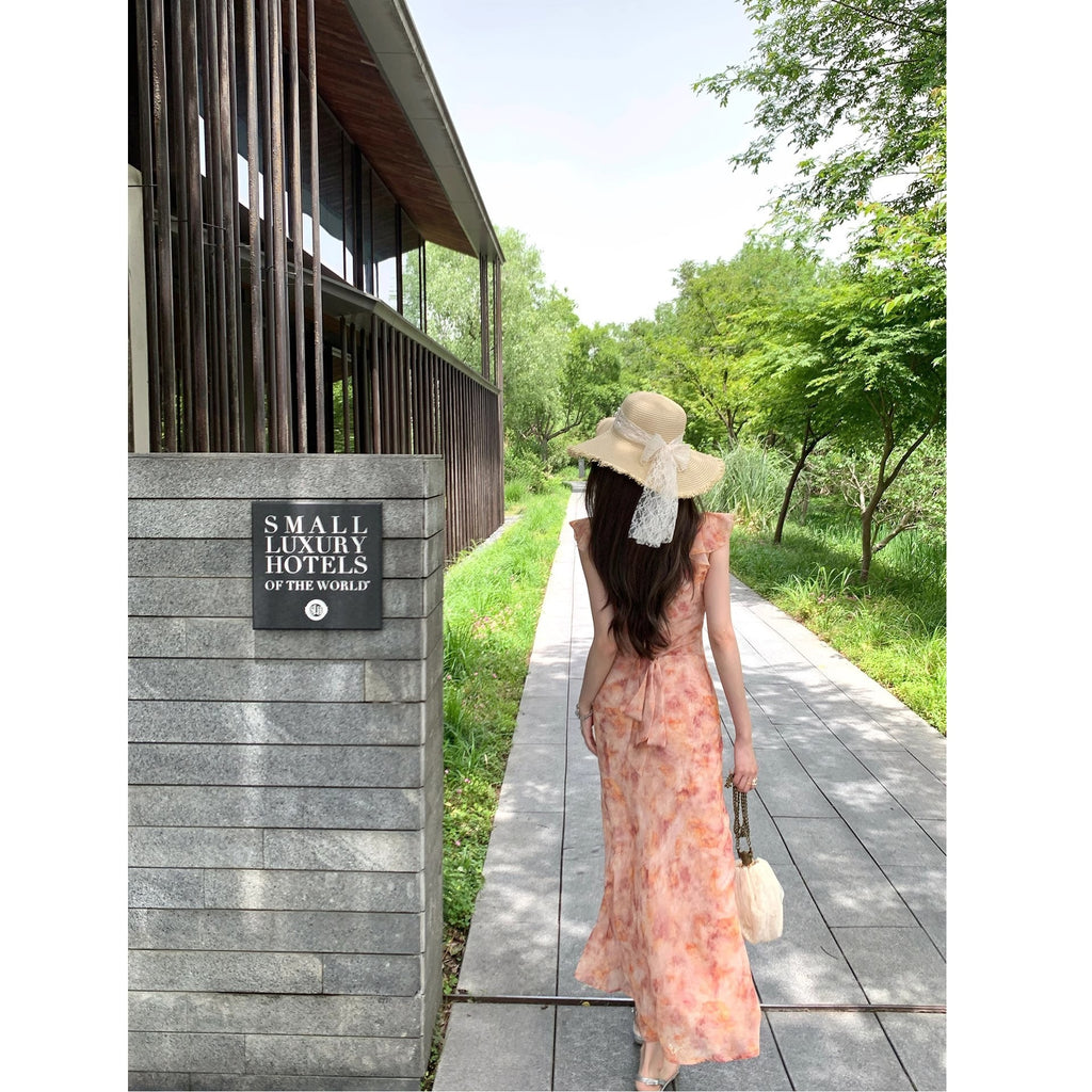 High Waist Tea Break French Ruffled Floral V-neck Sleeveless Dress