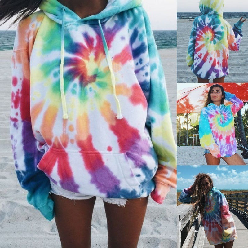 Women's Loose Tie-dyed Printed Hooded Long Sleeve Sweatshirt