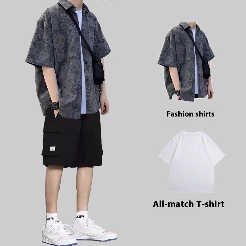 Summer Hong Kong Style Short Sleeve Shirt Coat Shorts Three-piece Suit