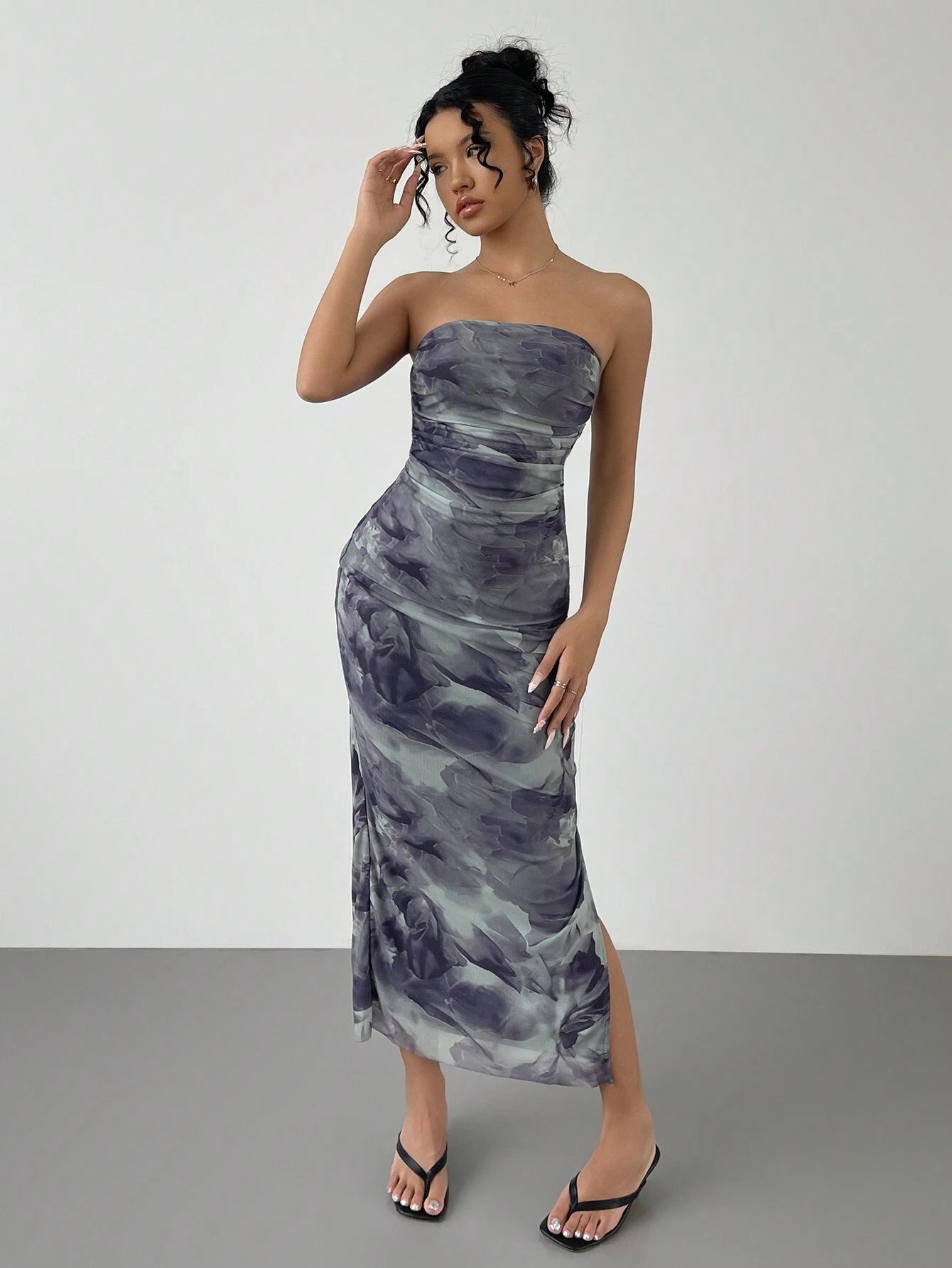 Mesh Floral Pleated Sexy Tight Fitting Slit Strapless Strapless Strapless Long Dress
