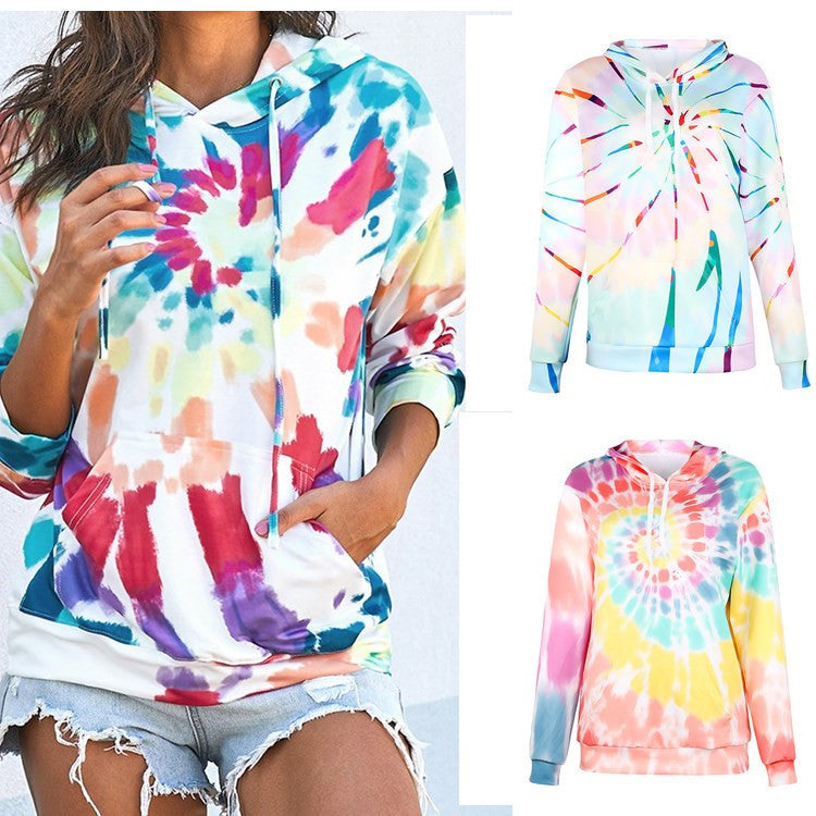 Women's Loose Tie-dyed Printed Hooded Long Sleeve Sweatshirt
