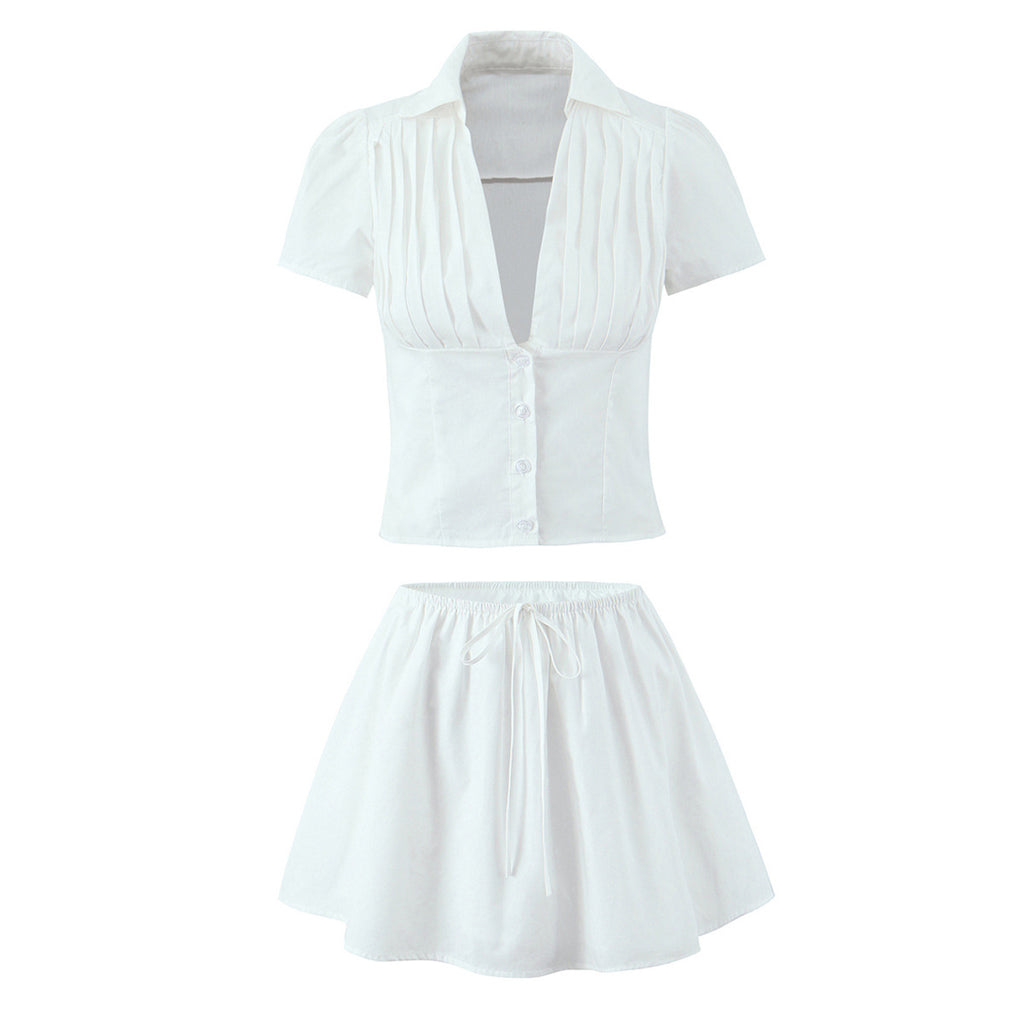 Women's Solid Color Casual Top Waist Trimming Shirt Women's High Waist A- Line Skirt