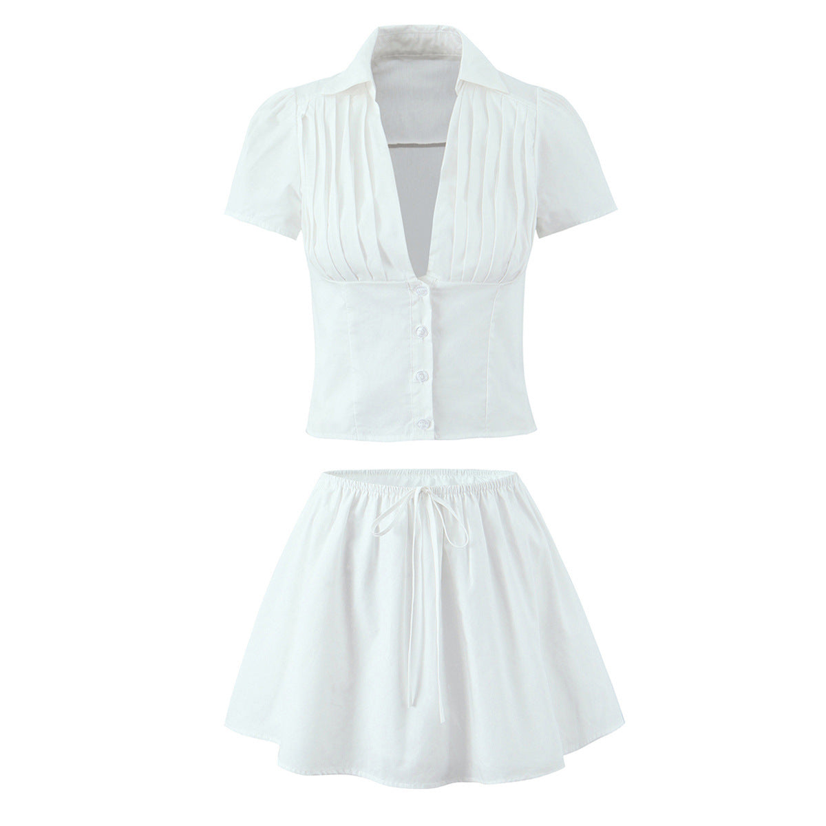 Women's Solid Color Casual Top Waist Trimming Shirt Women's High Waist A- Line Skirt