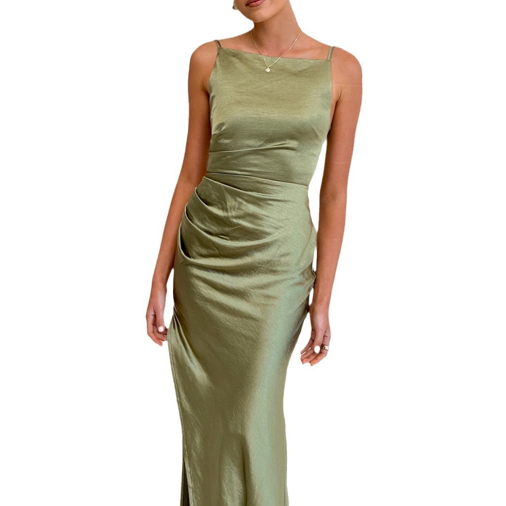 Solid Color Sexy Backless Slit Mid-length Sleeveless Sling Dress