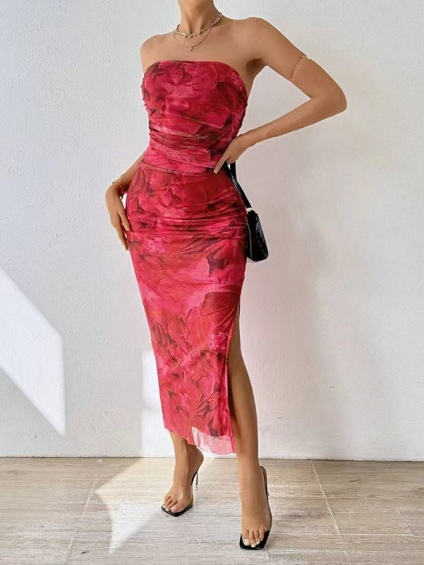 Mesh Floral Pleated Sexy Tight Fitting Slit Strapless Strapless Strapless Long Dress