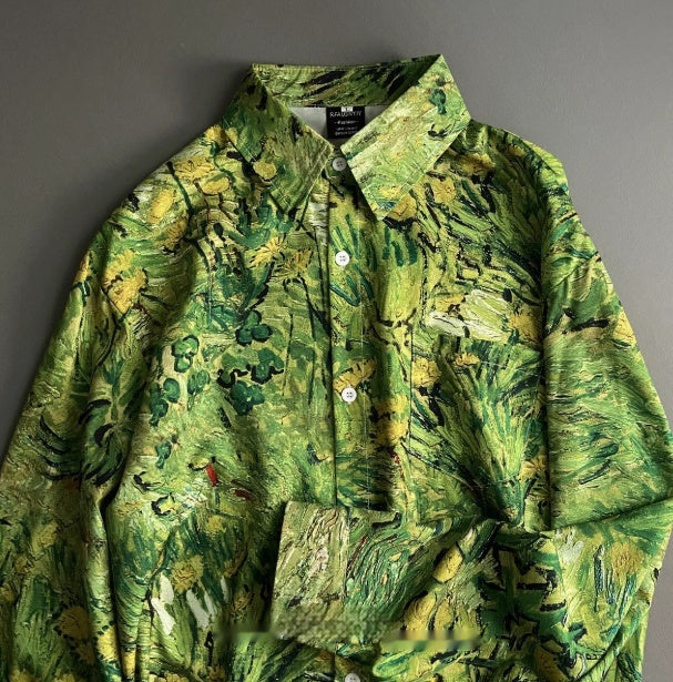 Grass Green Plant Oil Painting Floral Long Sleeve Shirt