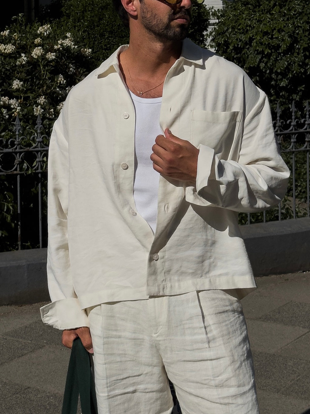 White Linen Shirt & Loose-fit Pants Set