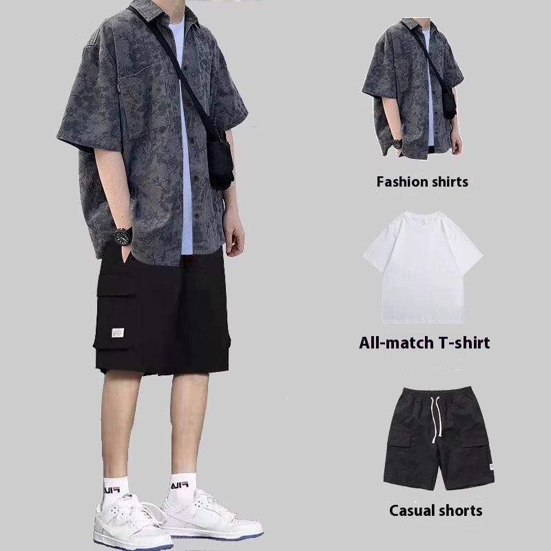 Summer Hong Kong Style Short Sleeve Shirt Coat Shorts Three-piece Suit
