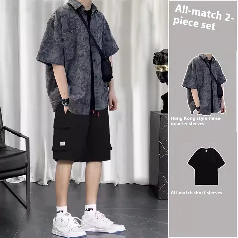 Summer Hong Kong Style Short Sleeve Shirt Coat Shorts Three-piece Suit