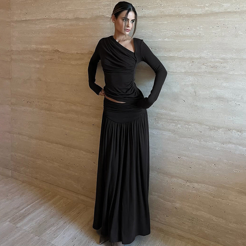 New Stylish Temperament Long Sleeves Top Slim Fit Pleated Skirt Suit