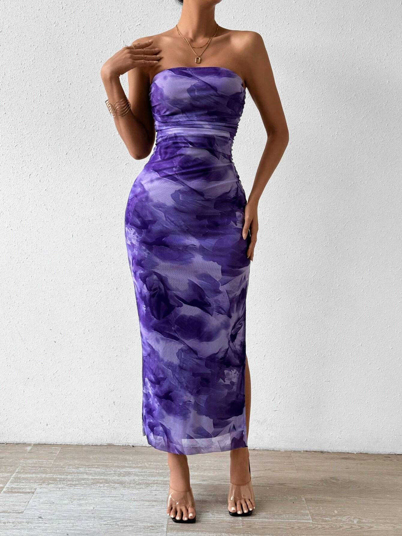 Mesh Floral Pleated Sexy Tight Fitting Slit Strapless Strapless Strapless Long Dress
