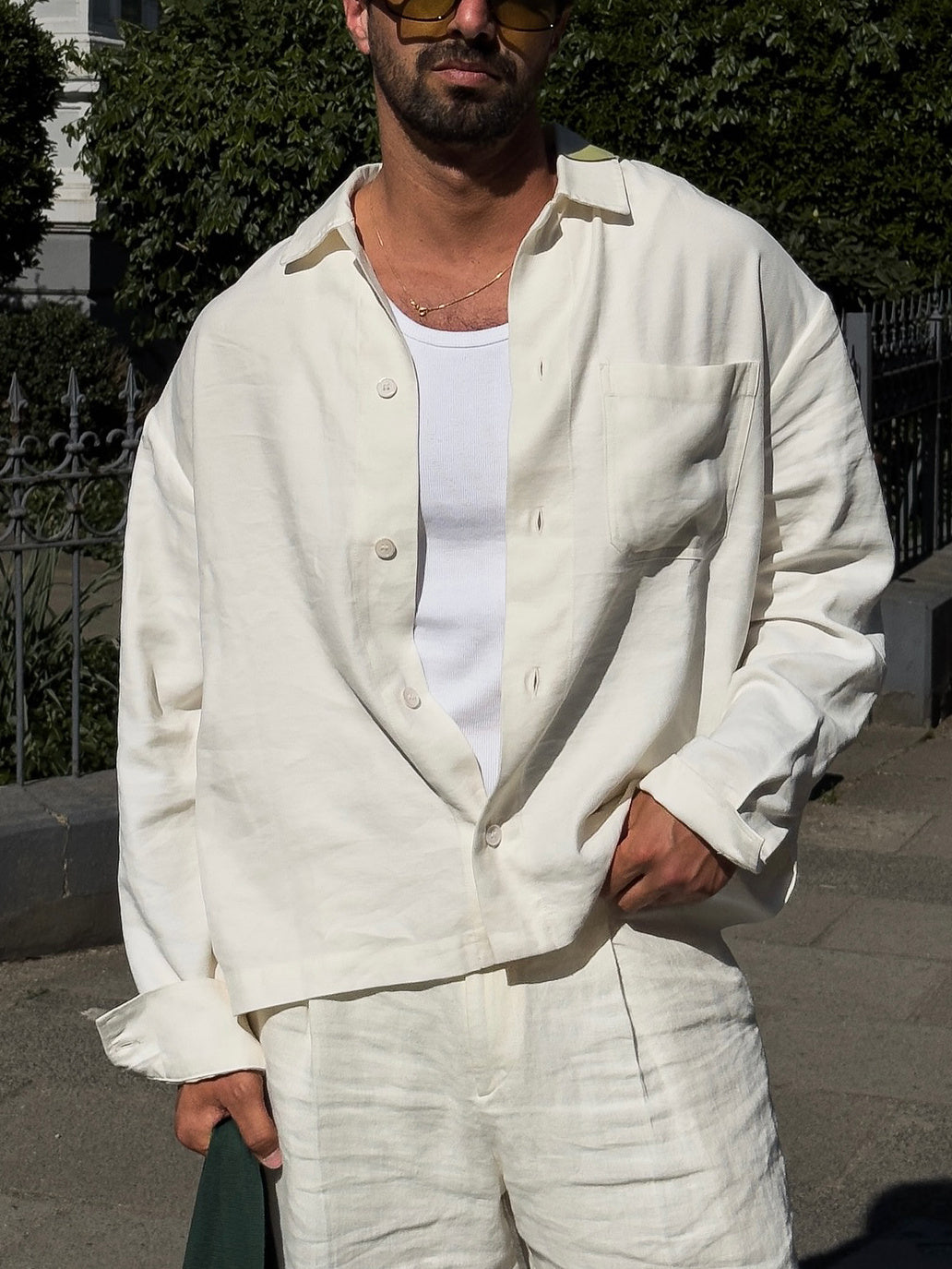 White Linen Shirt & Loose-fit Pants Set
