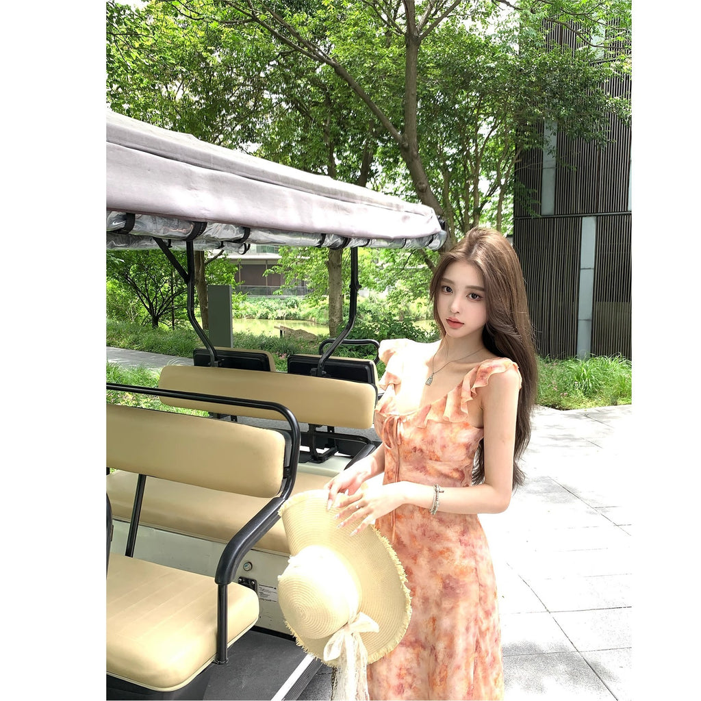 High Waist Tea Break French Ruffled Floral V-neck Sleeveless Dress